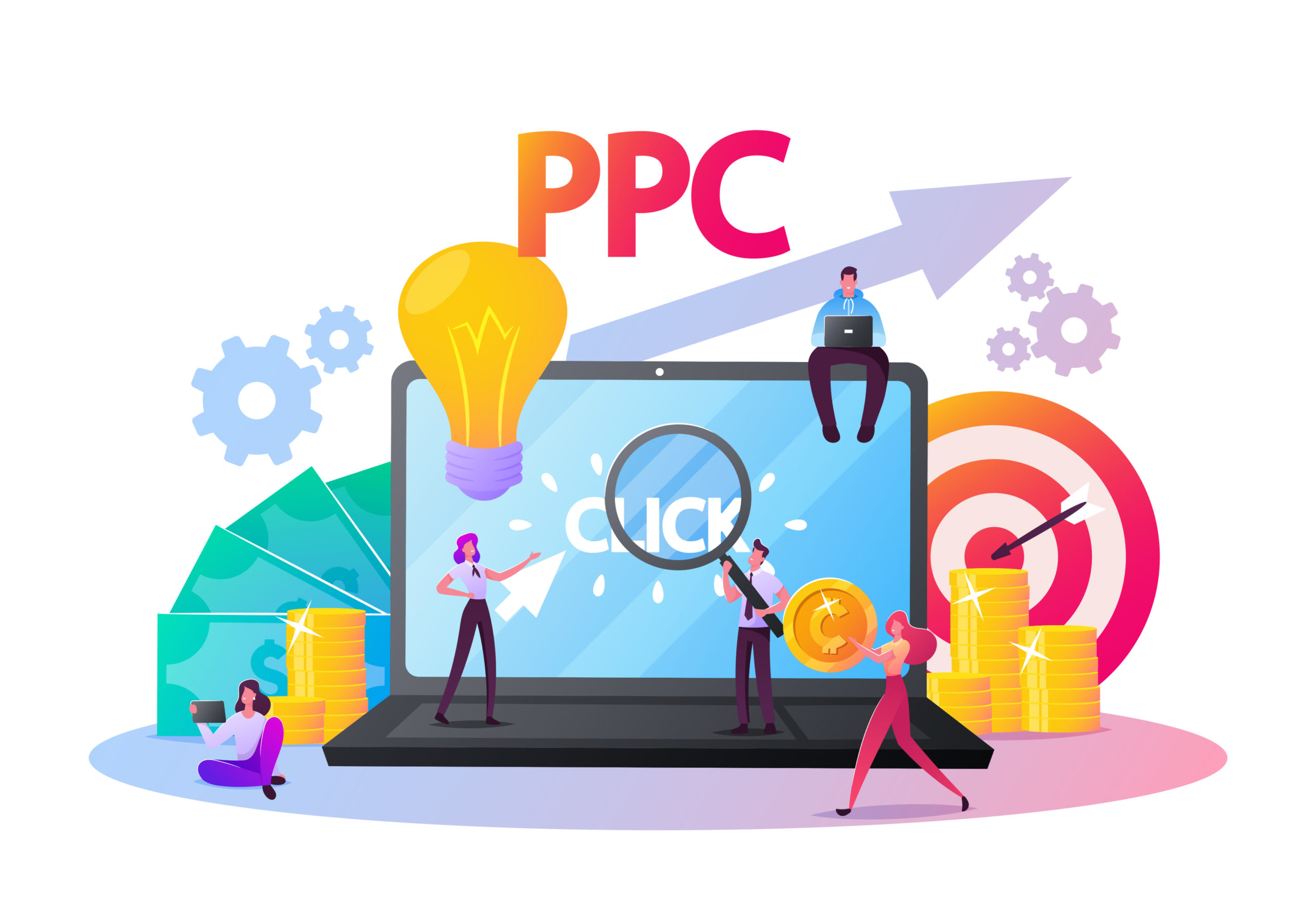  A group of people are working together to optimize a PPC campaign. They are using a laptop, a magnifying glass, and a light bulb to represent the ideas they are coming up with. The image also includes coins and a target to represent the money they are hoping to make and the goals they are trying to achieve.